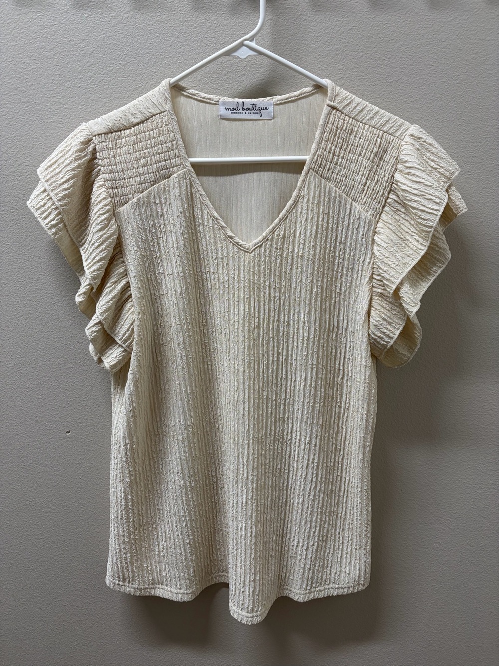 Cream Textured V-Neck Ruffle Sleeve Top